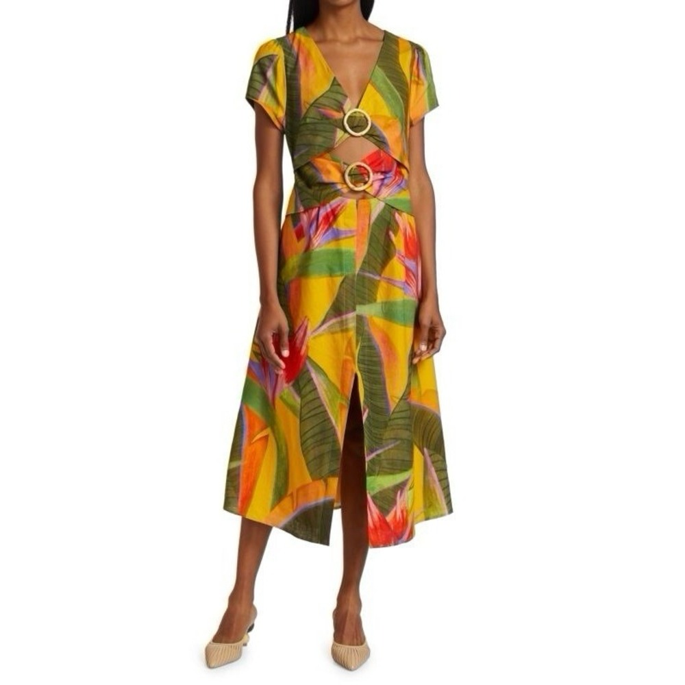 Farm Rio Yellow Garden Midi Dress Vibrant Tropical Leaf Print Size M *Read Desc*